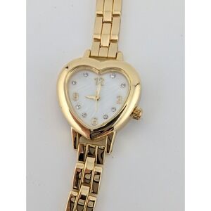 Accutime Watch Women 25mm Case MOP Heart Dial Gold 7.75" Band- New Battery